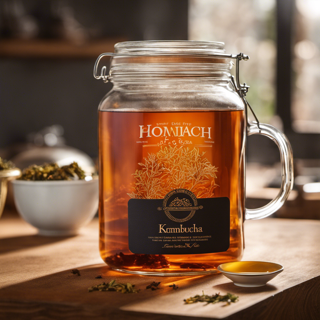 An image showcasing a glass jar filled with a precise ratio of warm, amber-colored tea and a scattering of tea leaves on the side, capturing the perfect amount needed to kickstart a batch of homemade kombucha