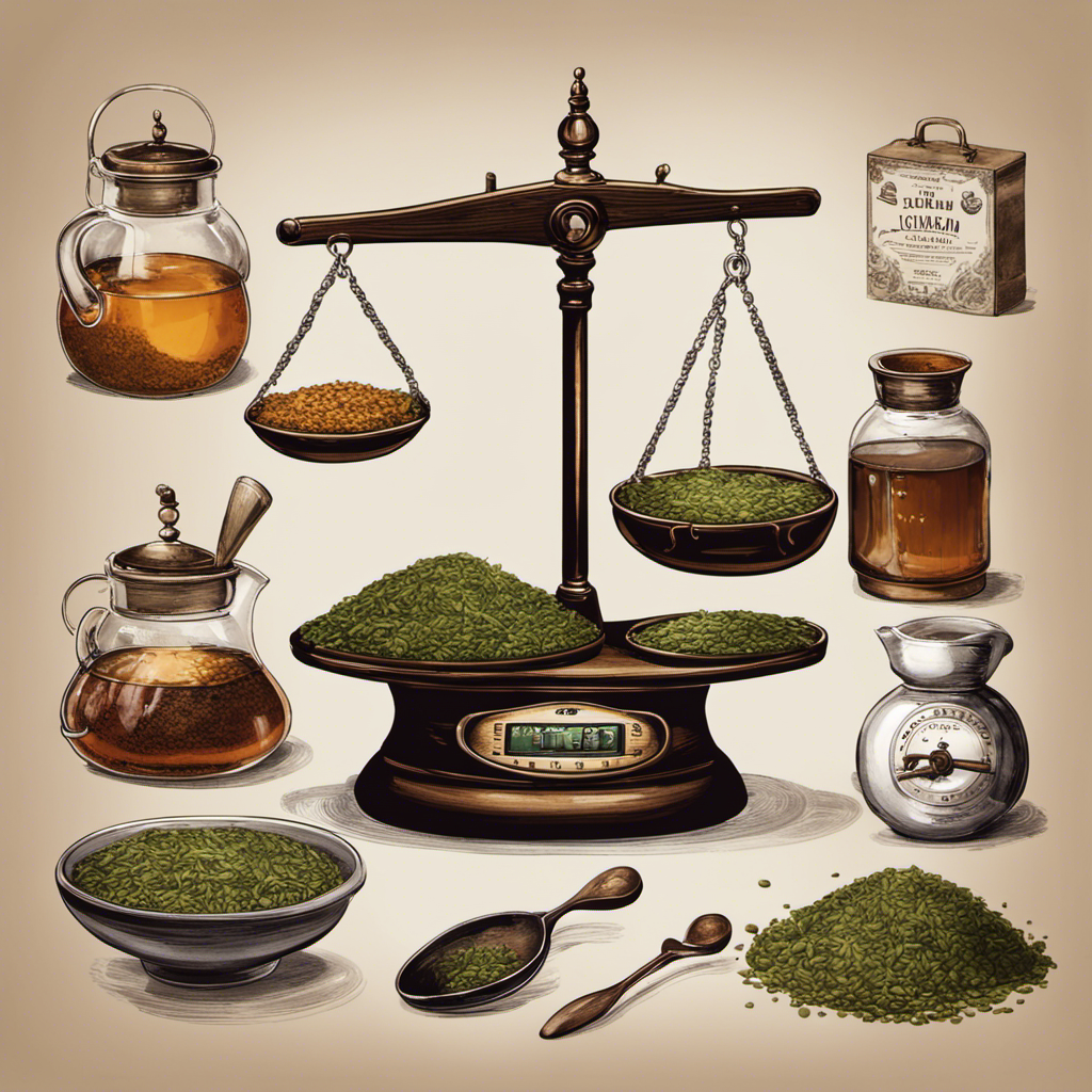 An image showcasing a weighing scale with a precise measurement of loose tea leaves, surrounded by brewing vessels and a teaspoon, emphasizing the importance of measuring the exact grams needed for a perfect kombucha batch