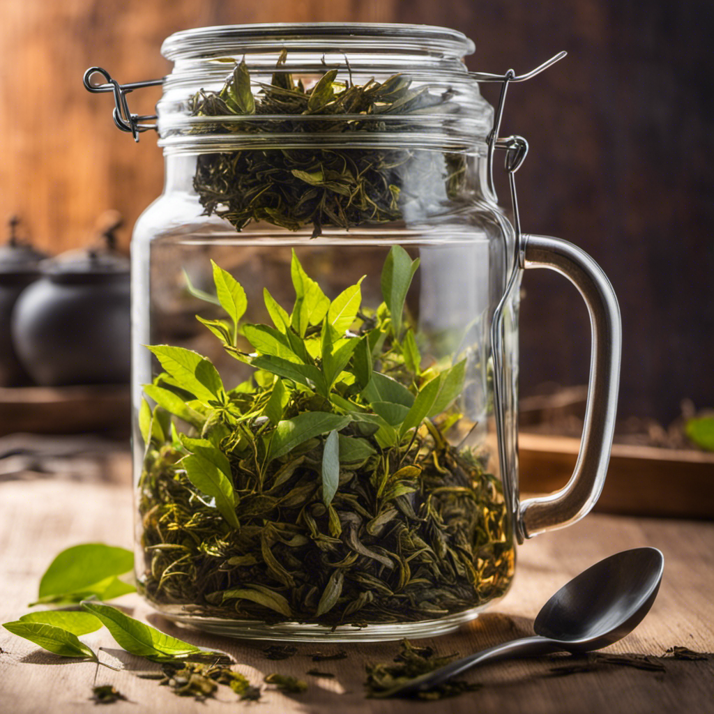 An image showing a glass jar filled with loose tea leaves, cascading into a measuring spoon held above it