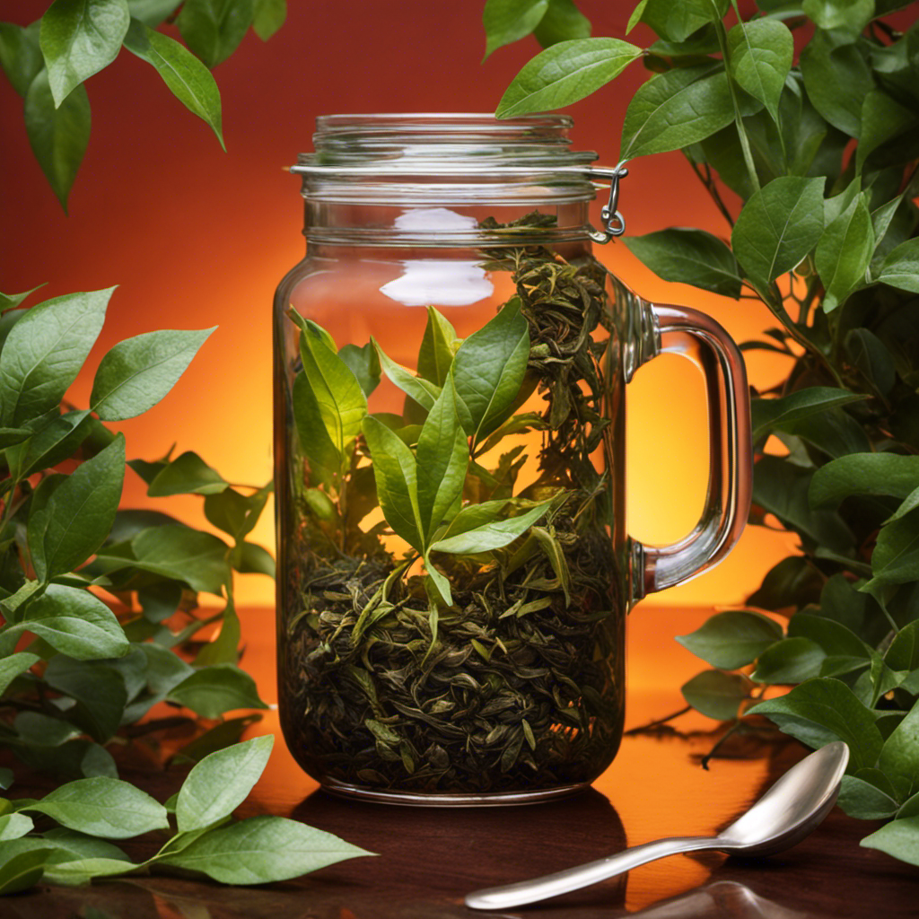 An image showing a glass jar filled with loose tea leaves, cascading into a measuring spoon held above it