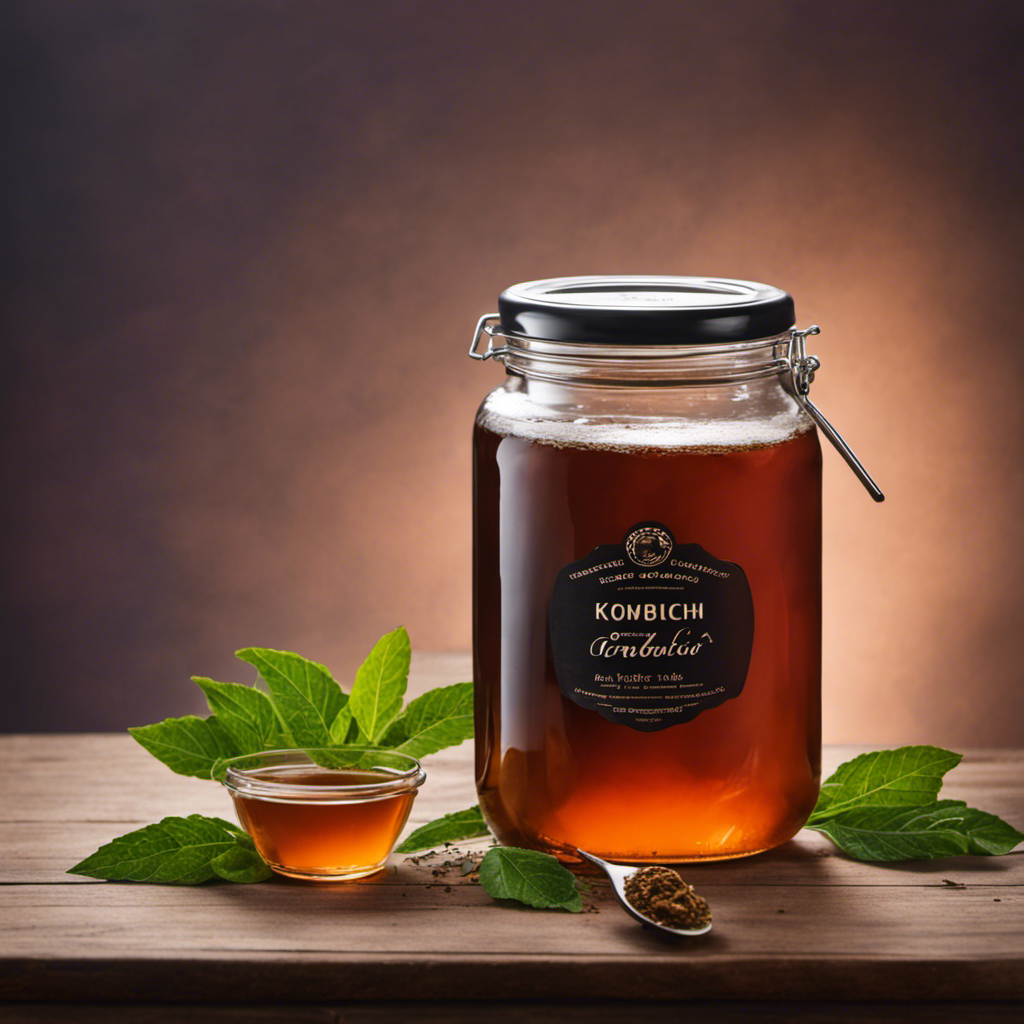 An image showcasing a glass gallon jar filled with freshly brewed kombucha, accompanied by a measuring spoon filled with loose tea leaves, representing the perfect amount of tea needed to brew a gallon of this probiotic elixir