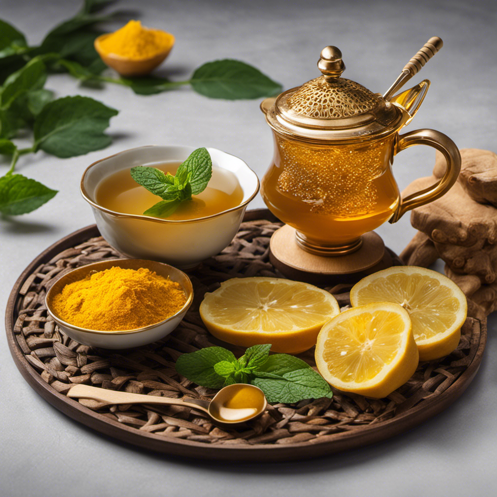 An image showcasing a serene tea setting: a steaming cup filled with vibrant yellow turmeric and ginger tea, accompanied by a spoonful of golden honey, fresh ginger slices, and a sprig of green mint