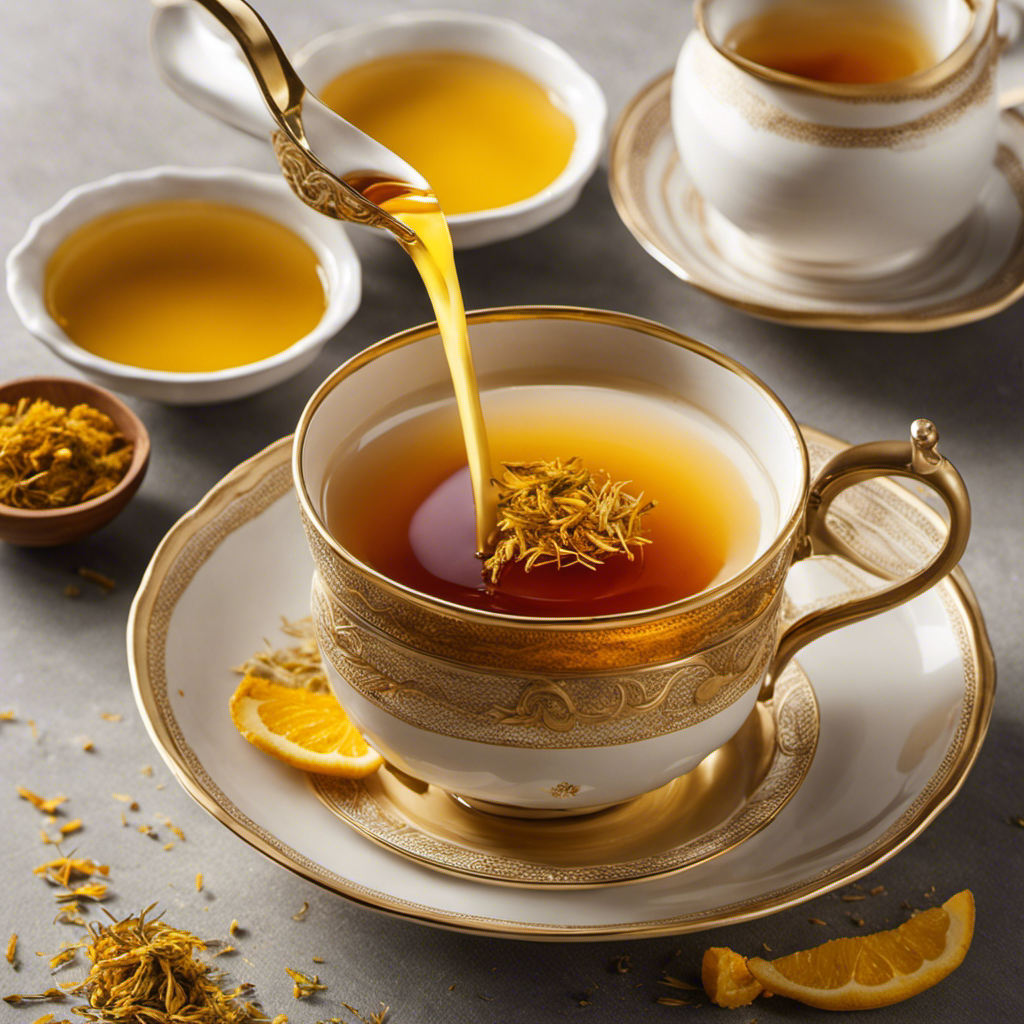 An image of a steaming cup of tea, filled with a rich golden liquid