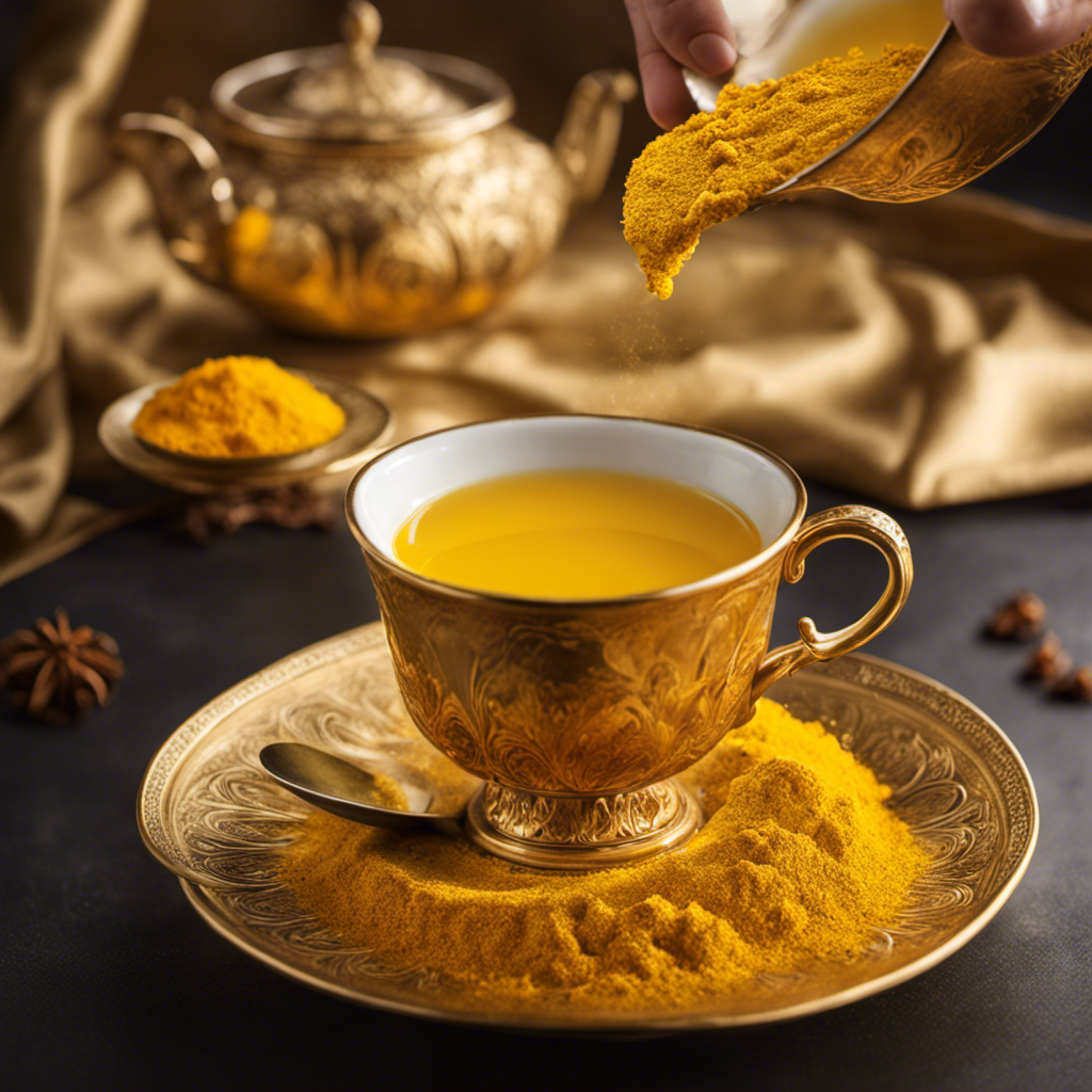 An image of a steaming cup of golden turmeric tea, with vibrant yellow hues swirling delicately in the steam