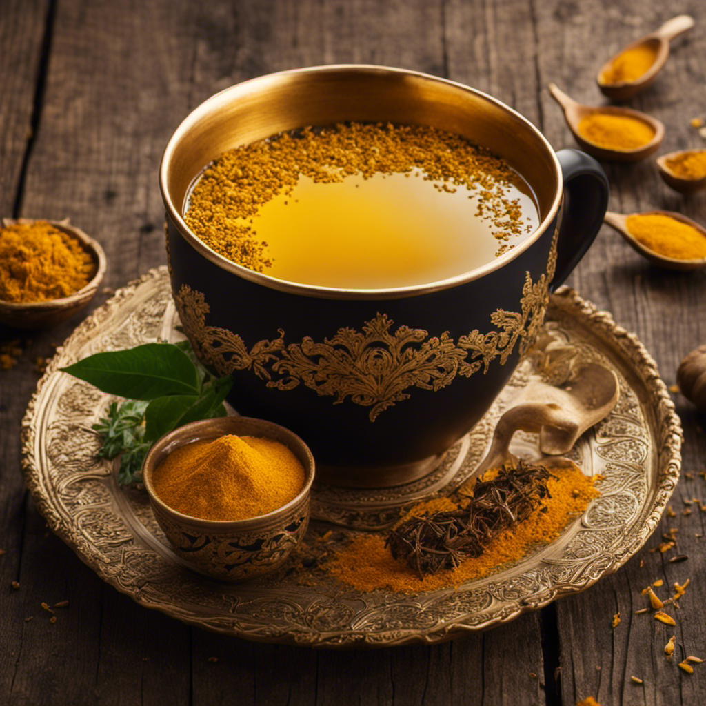 An image showcasing a steaming cup of golden tea, infused with vibrant turmeric