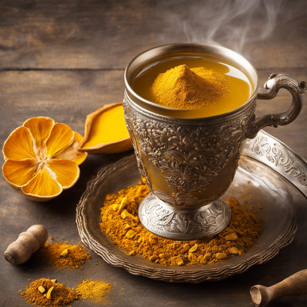 An image showcasing a steaming 8-ounce cup of tea infused with turmeric