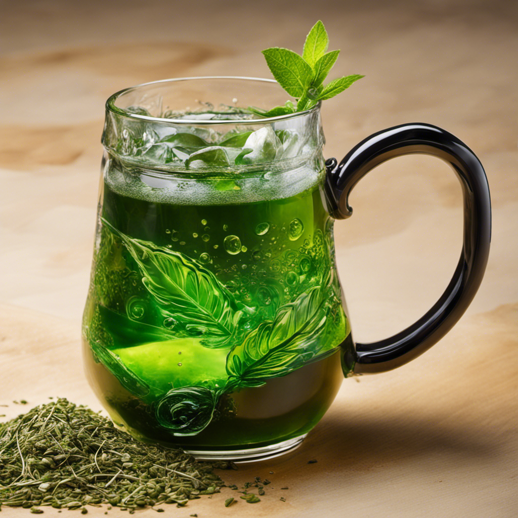 An image capturing a clear glass mug filled with 8 oz of hot water, adorned with a metal bombilla (filtered straw), submerged in a vibrant green infusion of yerba mate, showcasing the perfect brew ratio