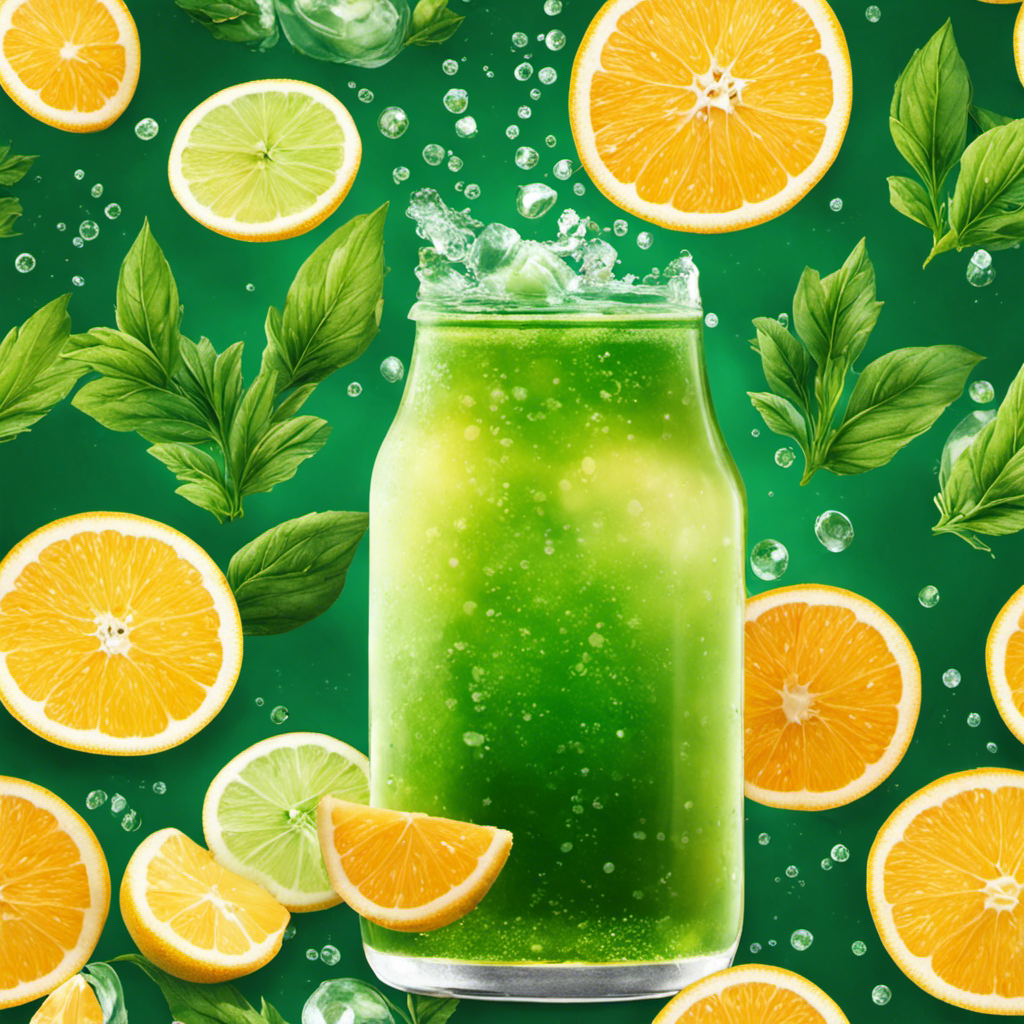 An image featuring a vibrant, green-tinged glass filled with sparkling kombucha tea, condensation gently trickling down its sides
