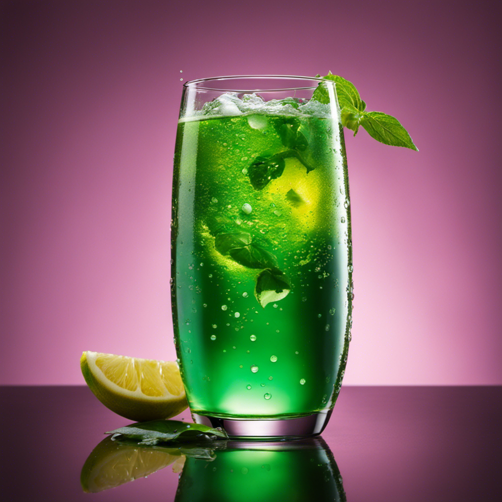 An image featuring a vibrant, green-tinged glass filled with sparkling kombucha tea, condensation gently trickling down its sides