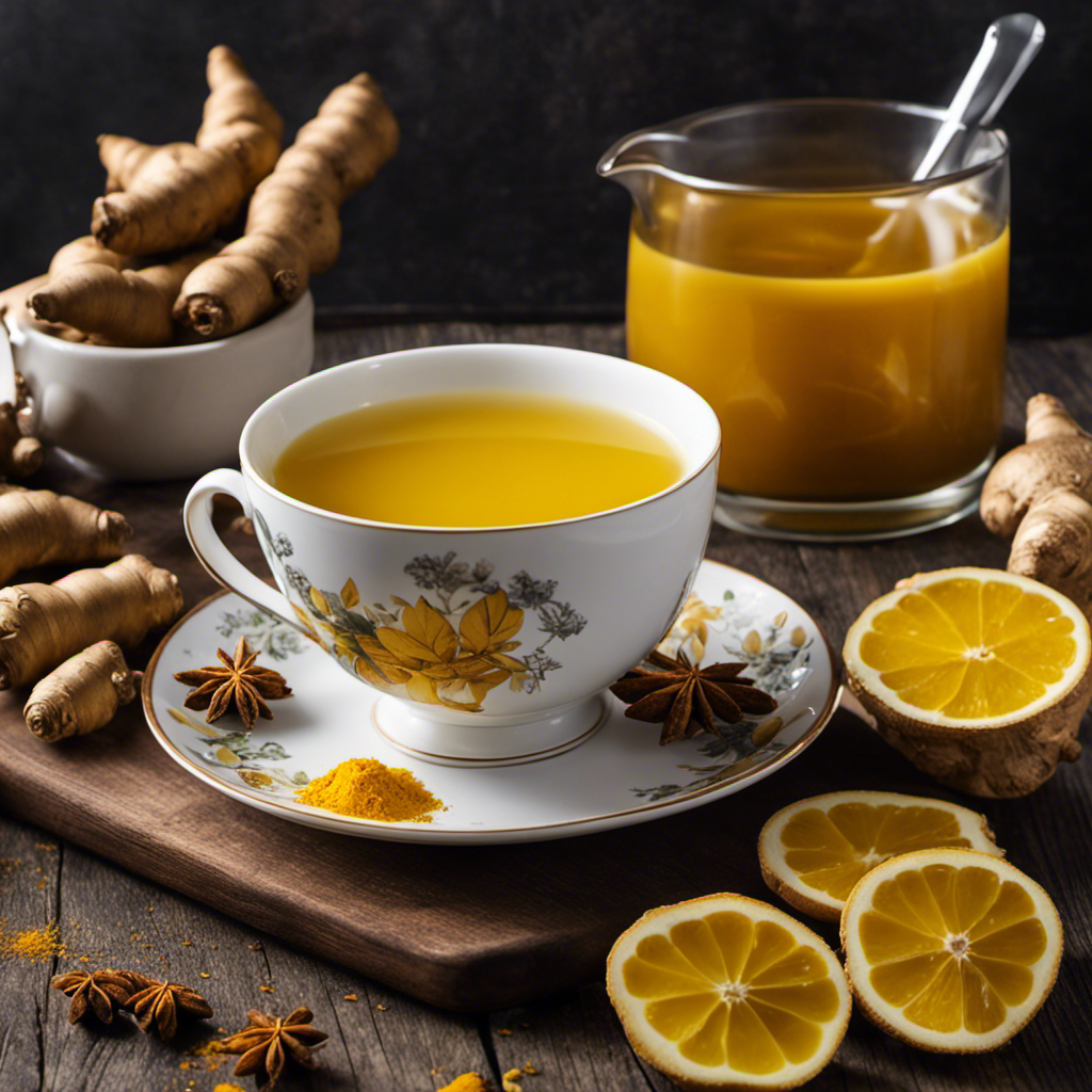 An image showcasing a serene scene in a cozy kitchen, with a steaming cup of vibrant yellow turmeric ginger tea gracefully placed on a wooden table, surrounded by fresh turmeric roots and ginger slices