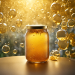 An image showcasing a glass jar filled with effervescent, golden-hued Kombucha tea
