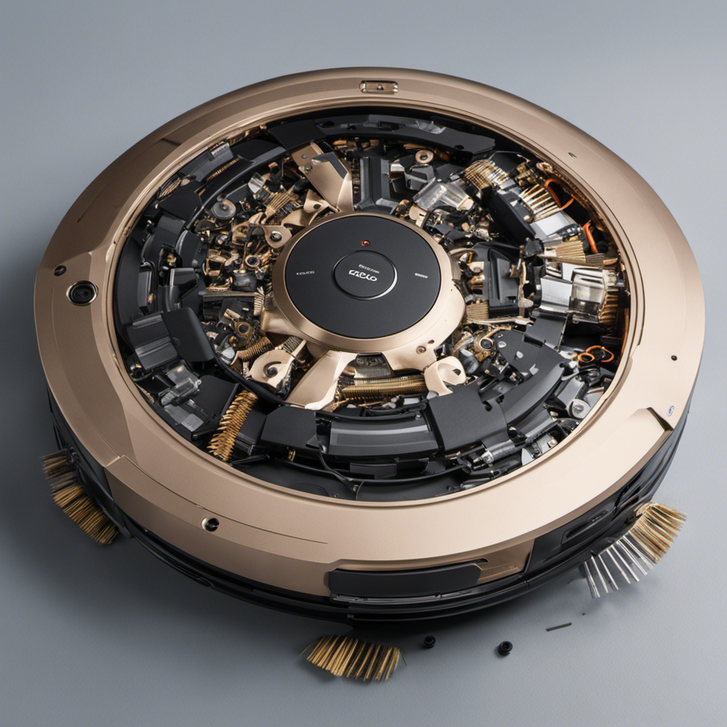 An image of an Ecovacs robotic vacuum lying on its side, with scattered screws and gears next to it