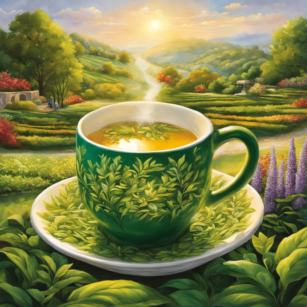 An image showcasing a serene, sun-kissed garden with a delicate hand cradling a steaming cup of Yerba Mate tea