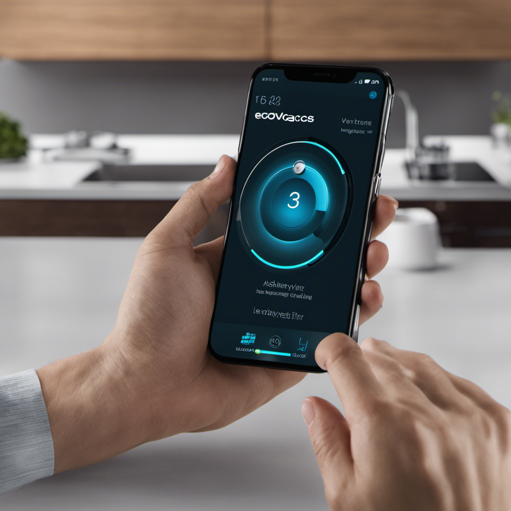 An image showing a hand holding a smartphone, displaying the Ecovacs app