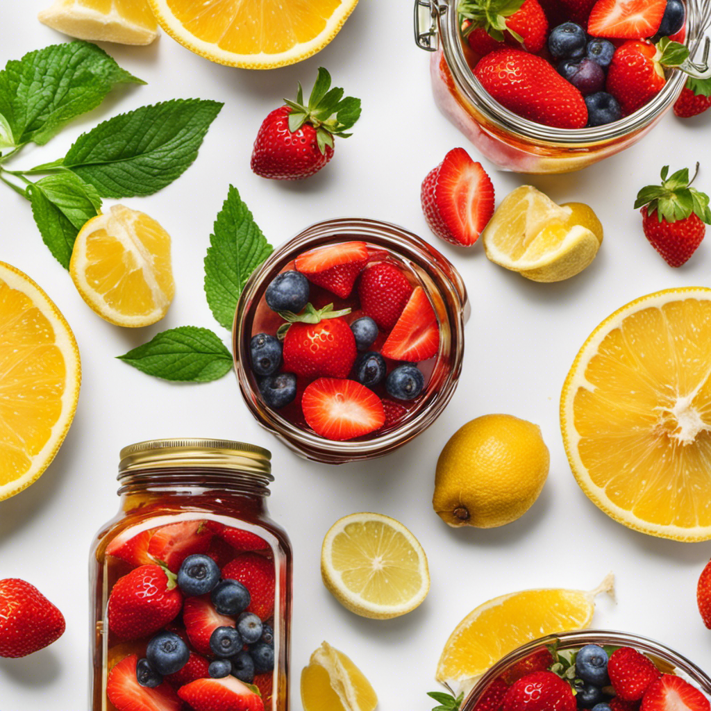An image showcasing a glass jar filled with vibrant, freshly sliced fruits like juicy strawberries, tangy lemons, and zesty ginger, artfully arranged beside a bottle of homemade kombucha tea