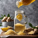 An image showcasing the step-by-step process of grating fresh ginger, adding it to a glass jar of brewing kombucha tea, and gently stirring the mixture