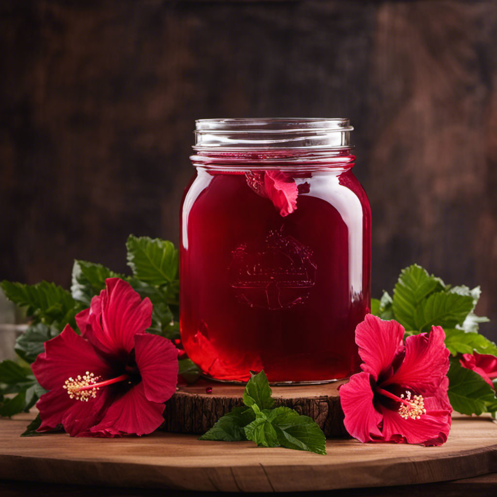 An image showcasing a glass jar filled with vibrant, ruby-red hibiscus-infused kombucha