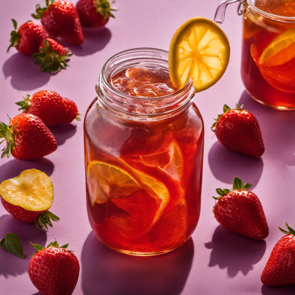 An image showcasing a glass jar filled with vibrant, effervescent Kombucha tea infused with fresh, juicy strawberries