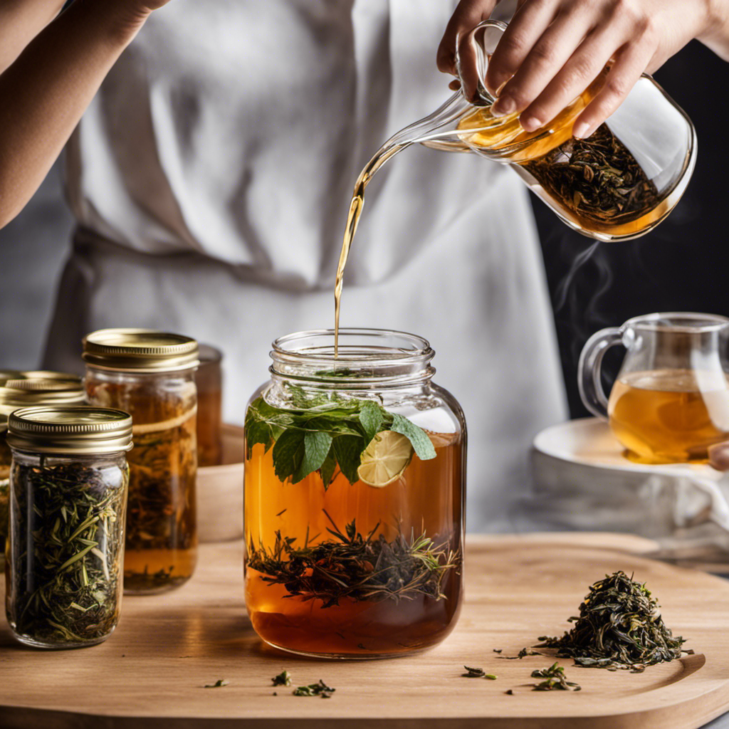 An image showcasing the step-by-step process of adding tea to continuous brew kombucha