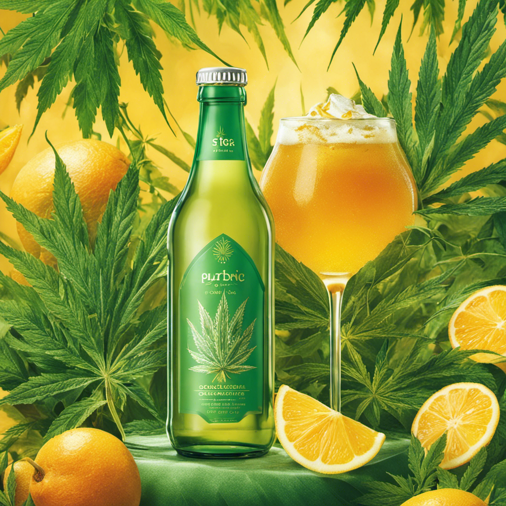 An image of a glass filled with sparkling golden kombucha, gently infused with a swirling haze of cannabis leaves