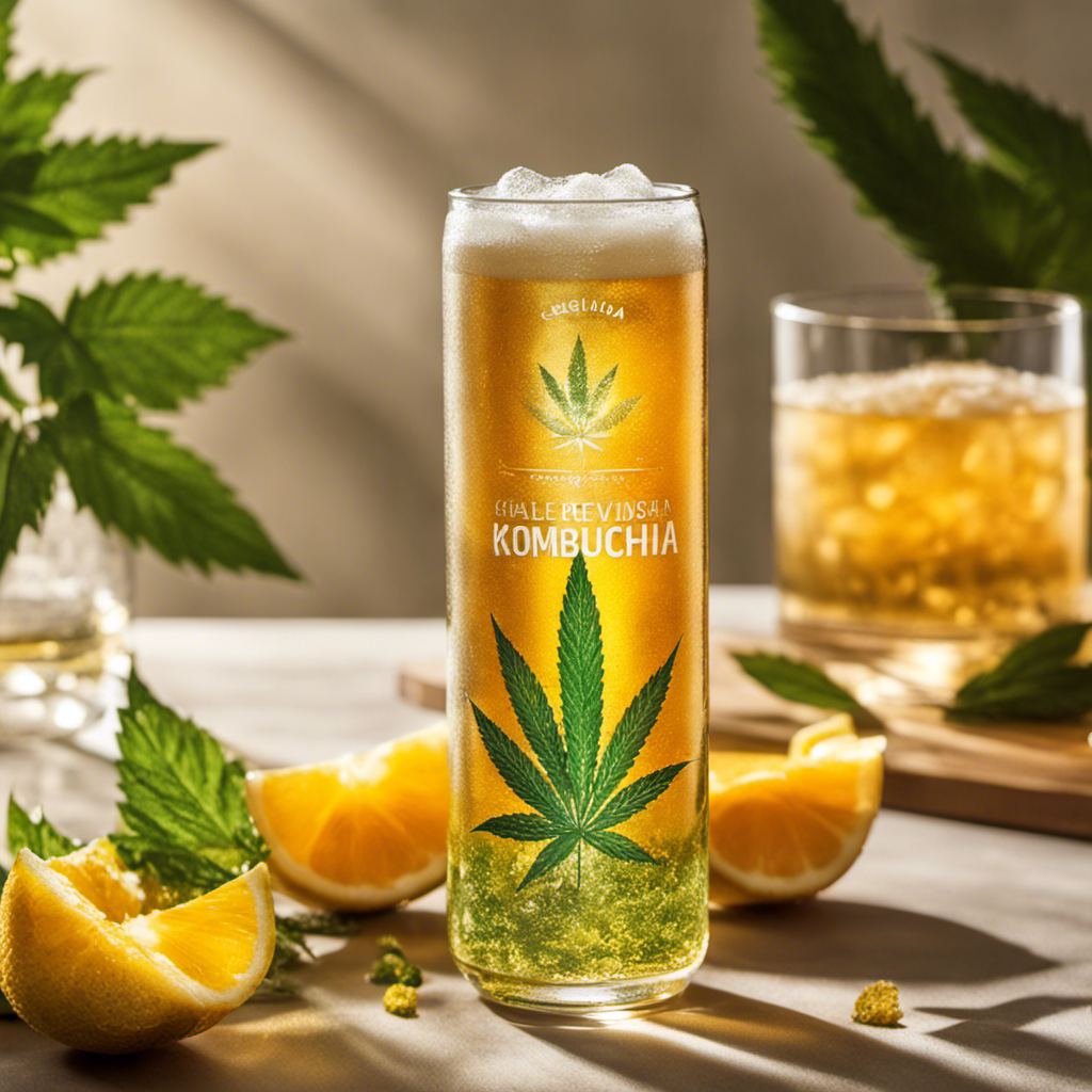An image of a glass filled with sparkling golden kombucha, gently infused with a swirling haze of cannabis leaves