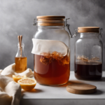 An image showcasing a glass jar filled with sweetened tea, adorned with a scoby, and covered with a breathable cloth