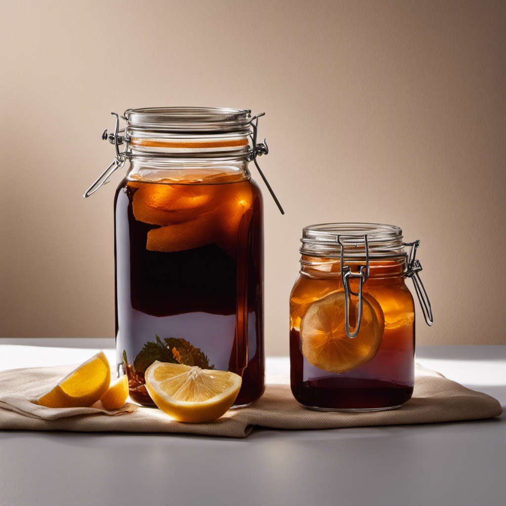 An image showcasing a glass jar filled with sweetened tea, adorned with a breathable cloth secured by a rubber band