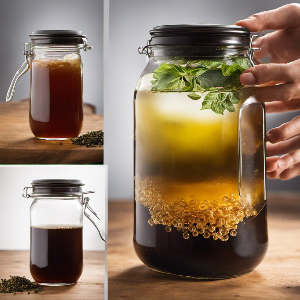 An image showcasing the brewing process of Kombucha tea: A glass jar filled with sweetened black or green tea, accompanied by a SCOBY, floating on top, as it ferments, releasing bubbles and transforming into a tangy elixir