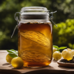 An image showcasing the brewing process of Kombucha tea: A glass jar filled with sweetened black or green tea, accompanied by a SCOBY, floating on top, as it ferments, releasing bubbles and transforming into a tangy elixir