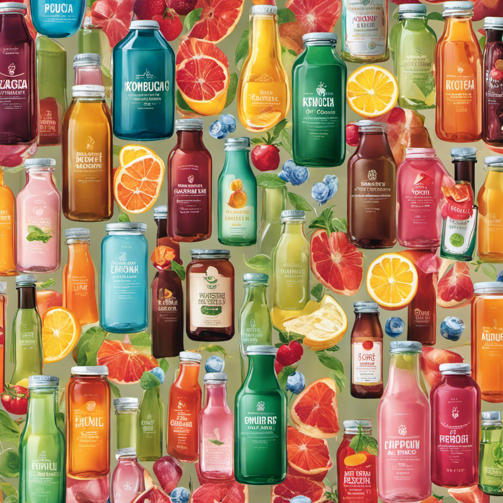 An image capturing a diverse selection of vibrant, glass bottles filled with effervescent Kombucha tea flavors