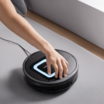 An image showcasing a close-up view of a person gently wiping the Ecovacs Deebot anti collision sensor with a microfiber cloth, removing dust and debris, ensuring optimal functionality