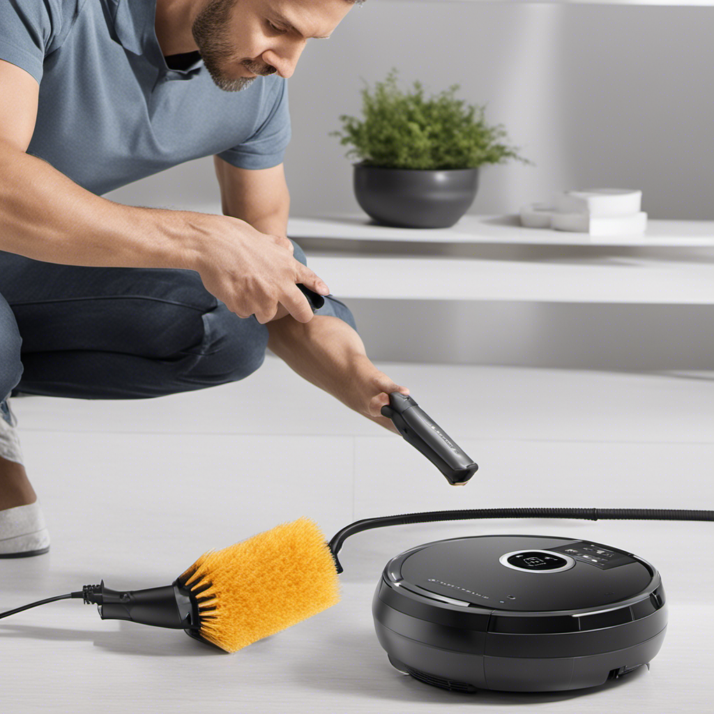 An image showcasing a step-by-step guide to cleaning the Ecovacs Deebot M80 Pro: a close-up of disassembling the brush, removing tangled hair, rinsing the filter, and wiping the sensors