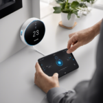 An image capturing the step-by-step process of connecting an Ecovacs device to Wi-Fi: a hand holding the Ecovacs app icon on a smartphone, a Wi-Fi signal emitting from the phone, and the Ecovacs robot vacuum receiving the signal