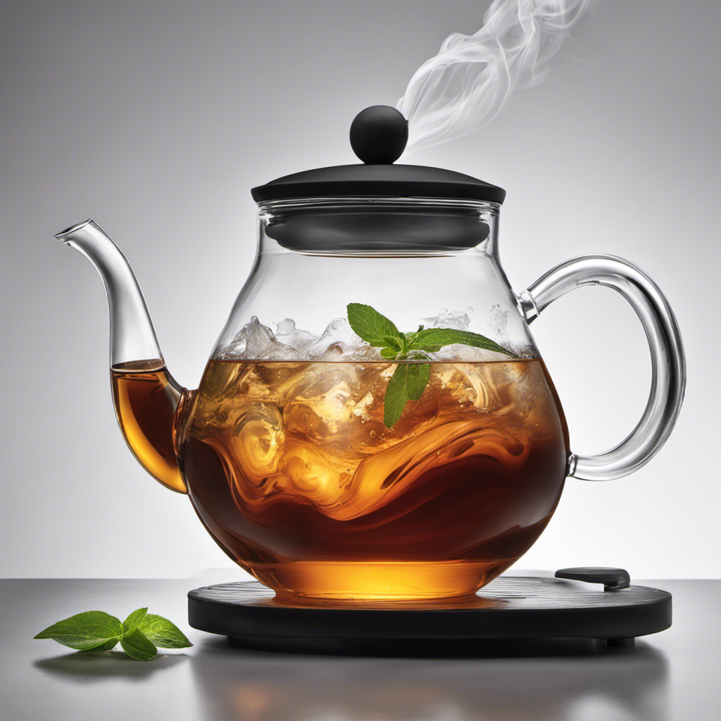 An image depicting a glass teapot pouring steaming hot tea into a tall, transparent tumbler