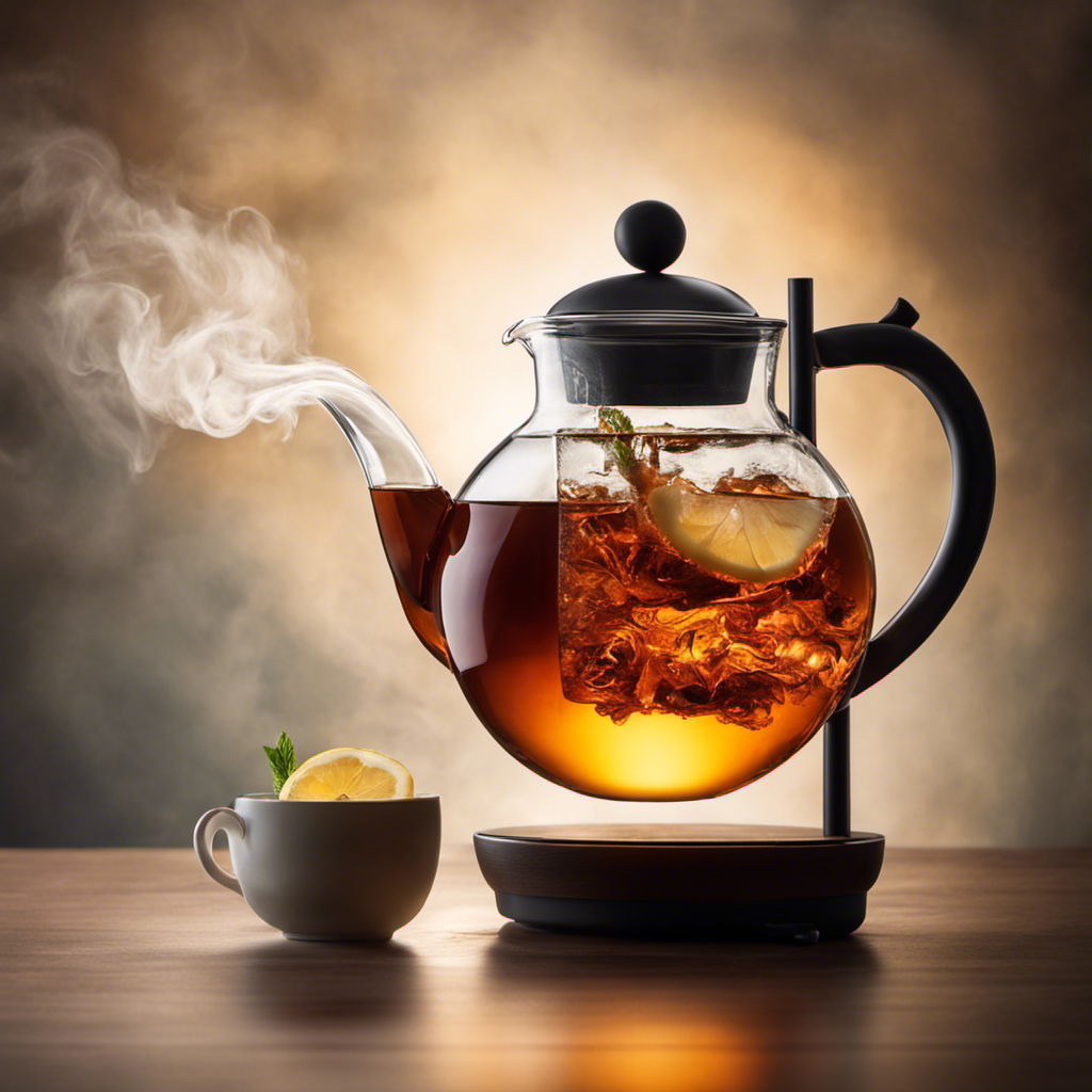 An image depicting a glass teapot pouring steaming hot tea into a tall, transparent tumbler
