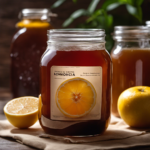 An image showcasing the step-by-step process of brewing Kombucha without tea: a glass jar filled with a sweetened mixture of water, sugar, and a SCOBY, covered with a breathable cloth and stored in a warm, sunny spot
