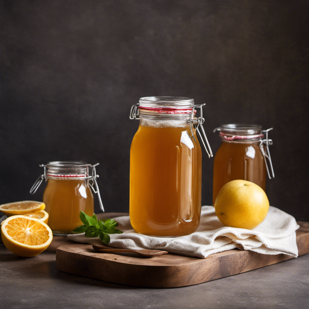 An image showcasing the step-by-step process of brewing Kombucha without tea: a glass jar filled with a sweetened mixture of water, sugar, and a SCOBY, covered with a breathable cloth and stored in a warm, sunny spot