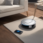 An image showcasing a person holding a remote control, standing near a neatly docked Ecovacs robotic vacuum cleaner