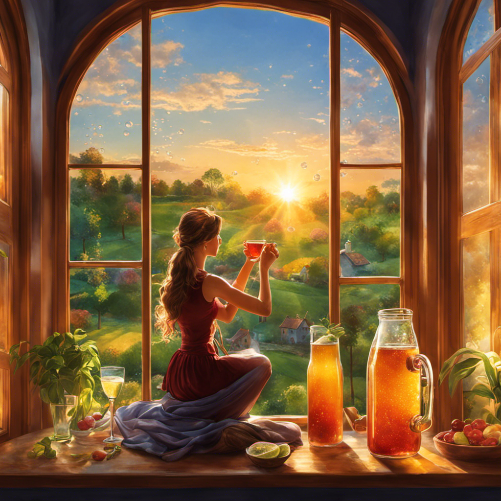 An image capturing the art of drinking kombucha tea: a person seated comfortably, holding a glass filled with effervescent tea, sunlight streaming through a window, showcasing the vibrant colors and bubbles dancing on the surface