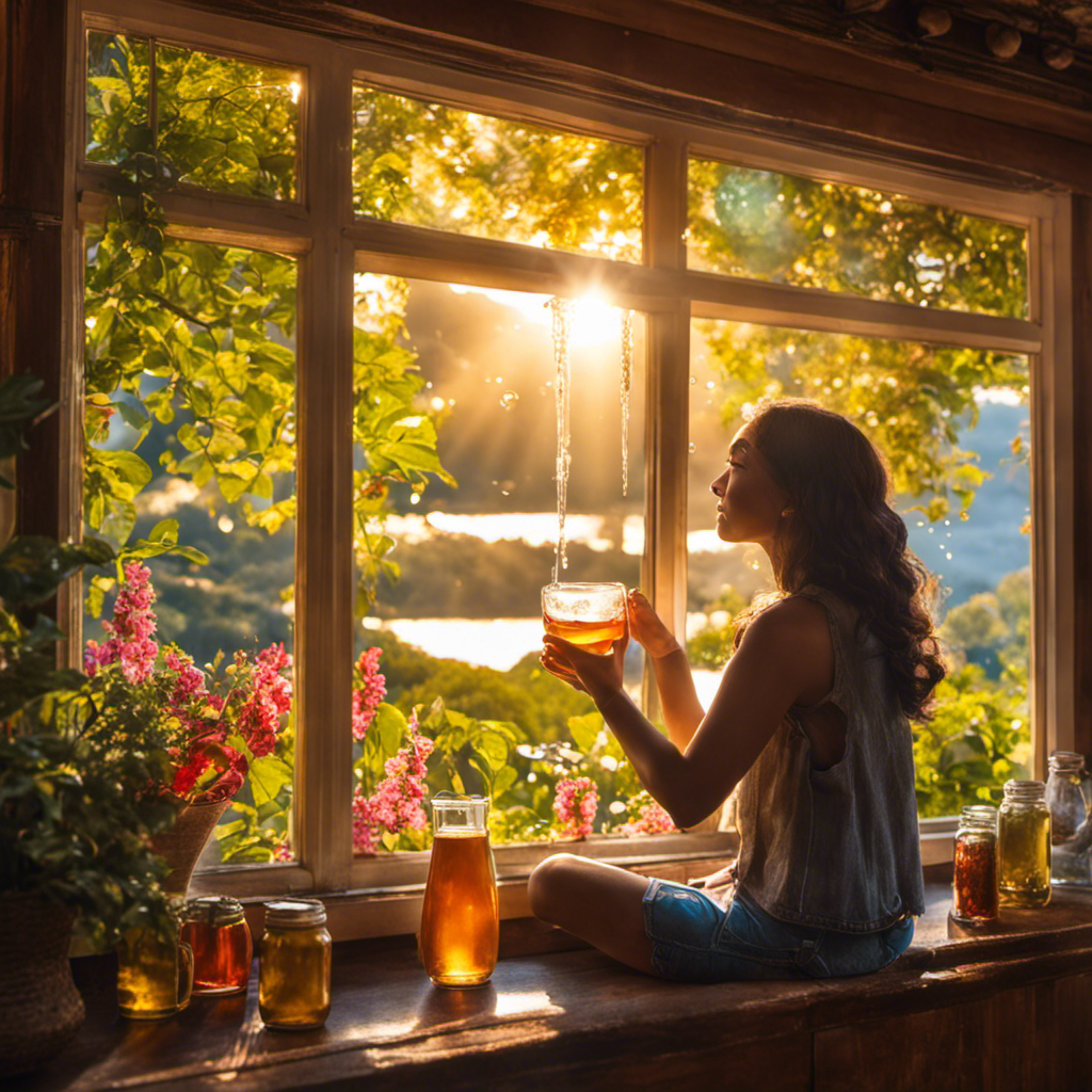 An image capturing the art of drinking kombucha tea: a person seated comfortably, holding a glass filled with effervescent tea, sunlight streaming through a window, showcasing the vibrant colors and bubbles dancing on the surface