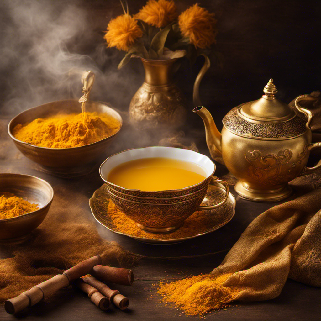 An image showcasing a vibrant, artistic scene with a steaming cup of tea filled with turmeric-infused dye, while delicate yarn or cloth gracefully absorbs the rich, golden hues in an enchanting process