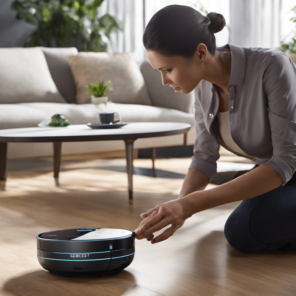 An image showing a person pressing and holding the power button on an Ecovacs Deebot while simultaneously tapping the reset button on the underside of the device, with a clear indicator of the reset process being initiated