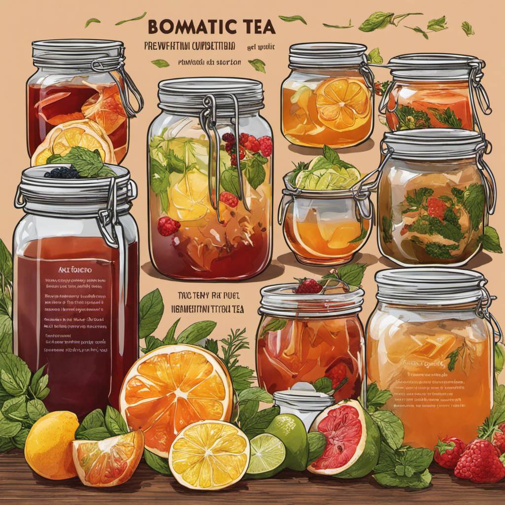 An image showcasing a hand pouring sweetened tea into a glass jar filled with a SCOBY, surrounded by various fresh fruits and herbs, illustrating the step-by-step process of feeding Kombucha probiotic tea