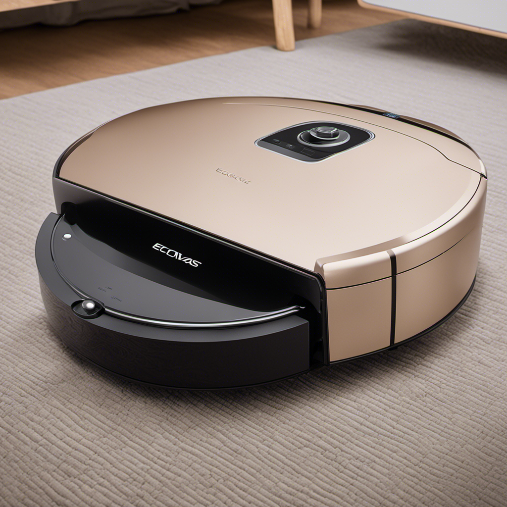 An image illustrating a close-up shot of an Ecovacs robotic vacuum cleaner, with the focus on the underside of the device