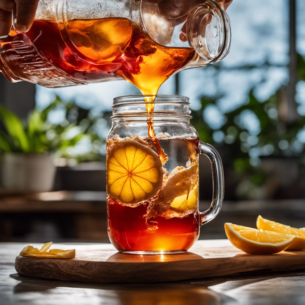 An image of a person pouring a fresh batch of sweetened tea into a glass jar, followed by a close-up shot of a scoby floating on the surface