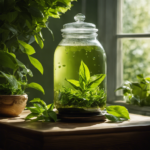 An image capturing a glass jar brimming with bubbling green tea kombucha, a mother SCOBY floating atop, surrounded by lush green tea leaves, glistening droplets, and sunlight streaming through a nearby window