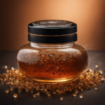 -up shot of a glass jar filled with a brown liquid, surrounded by tea leaves and sugar crystals