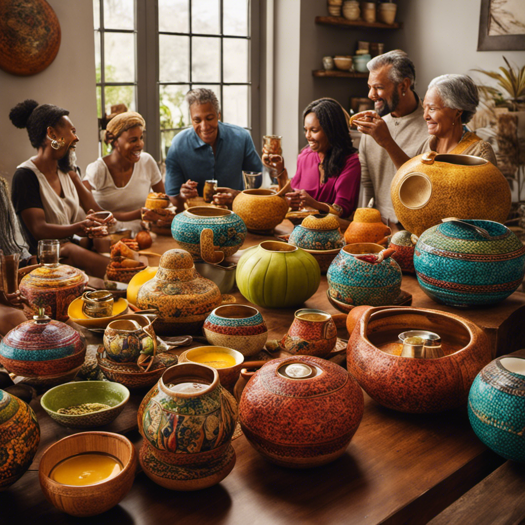An image showcasing a modern kitchen with a diverse group of people enjoying a vibrant yerba mate gourd ritual