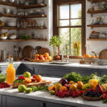 An image showcasing a serene, sunlit kitchen counter adorned with a glass of icy Kombucha tea, surrounded by vibrant, freshly harvested fruits and vegetables, evoking the ideal setup for a weight-loss journey