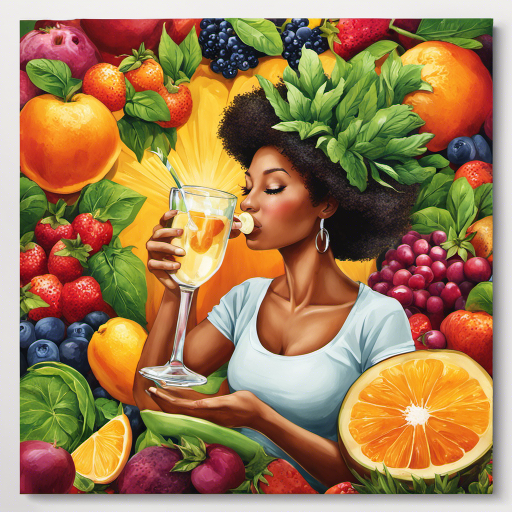 An image that showcases a person sipping a glass of refreshing, ice-cold kombucha tea surrounded by vibrant, colorful fruits and vegetables, symbolizing a healthy and effective weight loss journey
